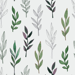 Seamless pattern with painted delicate leaves in line art style. Vector illustration. For wallpaper, for printing on fabric.