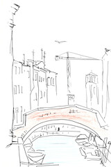 Venice canal houses bridge and construction crane graphic travel sketch