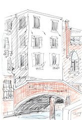 Venice canal houses bridge graphic travel sketch