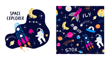 Space pattern. Vector background with the starry sky, rockets, moon, astronaut, planets, comets, asteroid and stars, UFO. Space Explorer. Hand drawn letters. Childish card