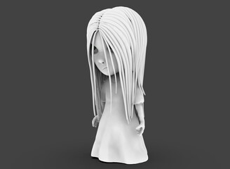 scary cartoon character horror girl with black hair 3d-rendering