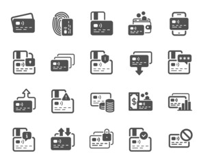 Credit card icons. Non-cash Payment, Withdraw Funds and Wallet cash icons. Money Transfer, Approved credit card and Payment method. Password protection, Withdrawal funds from wallet. Vector