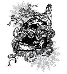 Tattoo art skull and snake hand drawing and sketch