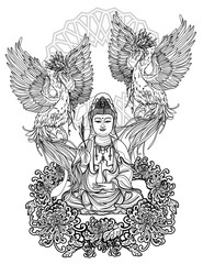 Tattoo art guan yin china design and swan hand drawing and sketch
