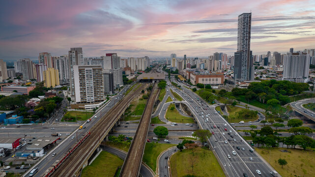Aerial view of the Tatuap&eacute; district in S&atilde;o Paulo, Brazil. Main avenue in the neighborhood, near the metro station