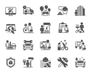 Services icons. Car repair, Home cleaning, Engineering service icons. Builder and Painter, Wrench tool with hammer, Car wash. Birthday events and internet services. Quality design element. Vector