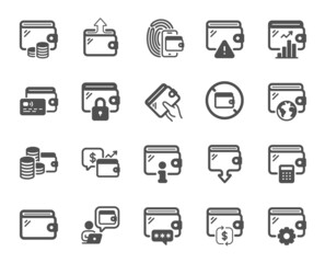 Wallet icons. Money transfer, Credit card payment, Withdraw funds icons. Cash purse, Fingerprint access and onWallet. Money commerce, Deposit transfer and Calculate cash budget. Vector