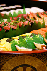 Naklejka na ściany i meble Picture of sushi tray Japanese culinary specialties in Tokyo.