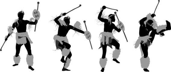 Vector illustration of a silhouette of an african zulu warrior dancing in traditional clothing