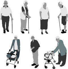 set collection of grey old people standing and walking with walking stick and walker