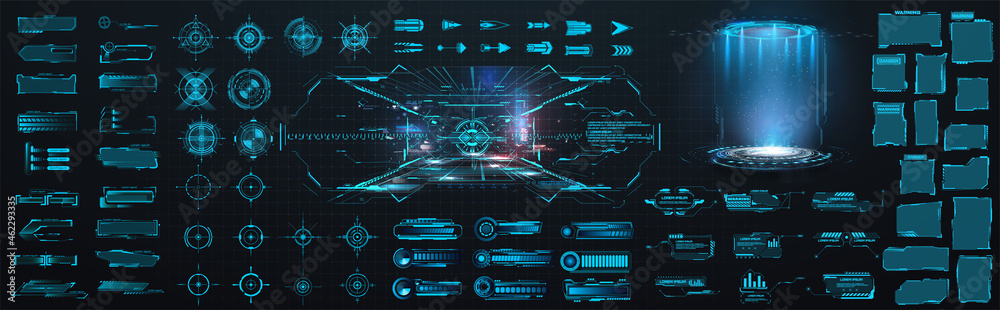 Poster Sci-fi digital interface HUD  elements mega set pack. User Interface, frame screens. Callouts titles, FUI circle set, Loading bars. Dashboard display virtual reality technology screen. Vector 