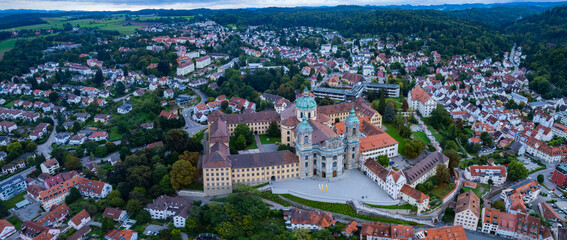 Aerial of the city Weingarten and monastery in Germany on a cloudy day in summer