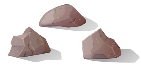 Rock stones, boulder and broken rubble, , vector isolated set. Multicolored Stones and rocks in isometric 3d view. Set of different boulders.