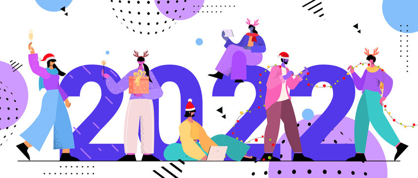 people in santa hats holding gifts mix race businesspeople celebrating 2022 new year and christmas holidays concept