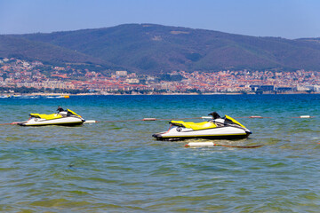 Fototapeta premium Empty watercrafts on the Black sea of Sunny Beach, Bulgaria. Summer vacation concept