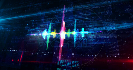 Audio spectrum music neon sign abstract concept 3d illustration - obrazy, fototapety, plakaty