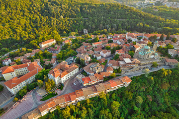 Aerial drone view over Veliko Tarnovo in Bulgaria.