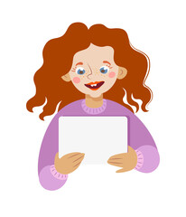 Happy child holding a blank billboard. Isolated portrait..Little girl holding blank poster campaigning and promoting