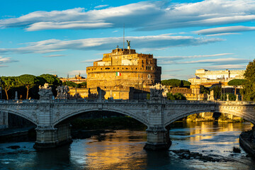 Obraz na płótnie Canvas Castle of Holy Angel and the Tiber River in Rome at Sunset, Italy