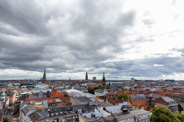 Cityscape wide angle view atop the Round Tower in downtown Copenhagen, Denmark.