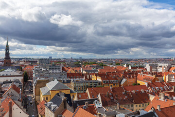 Fototapeta na wymiar Cityscape wide angle view atop the Round Tower in downtown Copenhagen, Denmark.