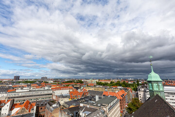 Cityscape wide angle view atop the Round Tower in downtown Copenhagen, Denmark.