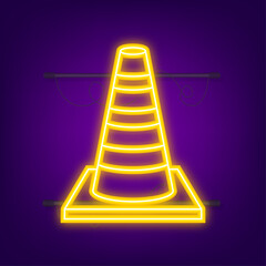 Orange highway traffic cone with white stripes. Neon style. Vector illustration