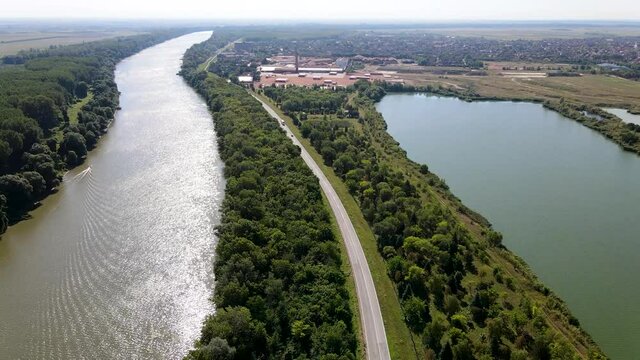 Aerial Footage of a roda between River Tisa and Lake in Kanjiza.