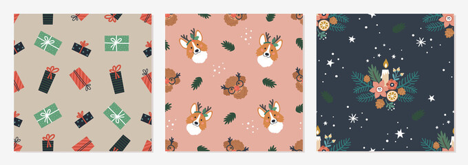 Christmas patterns collection. Vector illustration of three flat seamless patterns with cute cartoon puppies, gifts, and Christmas plants 