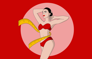 Illustration of weight loss concept. Woman in red costume whit a measure around