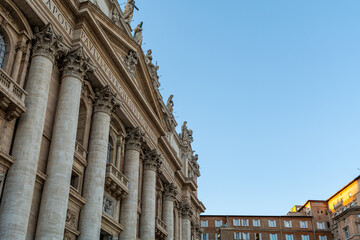 Fototapeta na wymiar Low angle view of the front Facade of the St. Peters Basilica in the Vatican