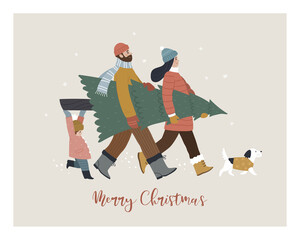 Merry Christmas greeting card. Vector cartoon illustration in trendy flat style with young parents, their little daughter and cute white dog in warm winter clothes, carrying a Christmas tree
