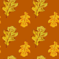 Yellow oak leaves on a brown background drawn with markers. For fabric, sketchbook, wallpaper, wrapping paper.
