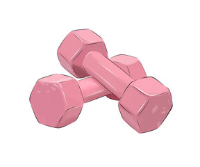 Two pink dumbbells from multicolored paints. Splash of watercolor, colored drawing, realistic, dumbbell for fitness. Vector illustration of paints