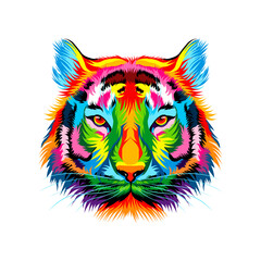 Tiger head portrait from multicolored paints. Splash of watercolor, colored drawing, realistic. Vector illustration of paints