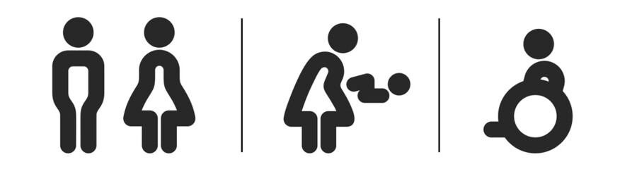 Toilet symbol. Toilet for men and women. For mom and baby. The icon of the toilet for the disabled. Public toilet.