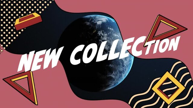 Animation of new collection in white text with rotating shapes and wavy lines over globe on black