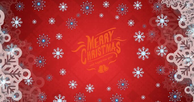 Animation of snowflakes over merry christmas text on red background