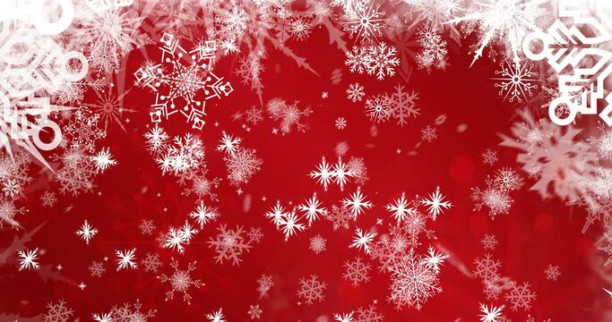 Animation of snow falling over snowflakes at christmas, on red background