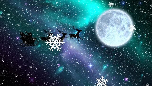 Animation of santa claus in sleigh with reindeer at christmas, over snow falling, moon and sky