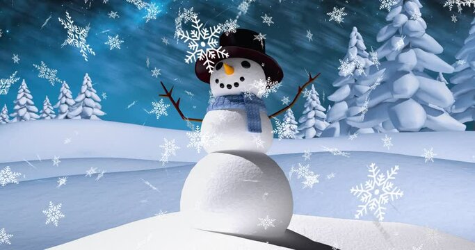 Animation of snow falling over winter landscape with snowman and trees at christmas