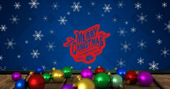 Animation of baubles and snowflakes over merry christmas text on blue background