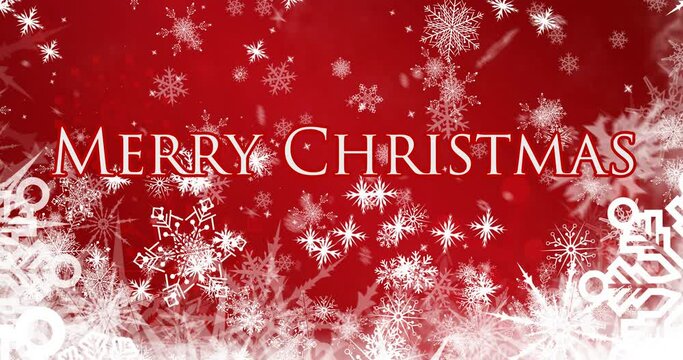 Animation of snow falling over merry christmas text on red background