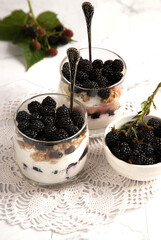 Cheesecake with blackberries in two glasses on a lace napkin. Summer dessert