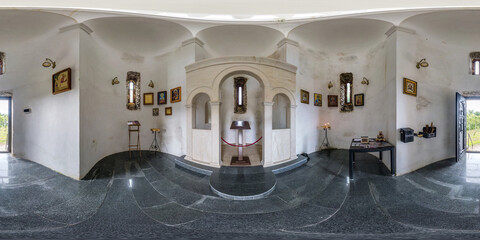 360 hdri panorama inside small orthodox georgian church high in mountains in equirectangular spherical projection. VR  AR content
