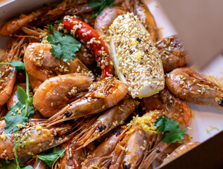 Assortment of various raw seafood - shrimps, kiwi mussels, squid and crawfish