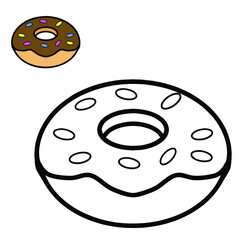 Fototapeta premium Coloring book or page with donut with chocolate. Clip art set for t-shirt print, kids apparel, greeting card, label, patch or sticker