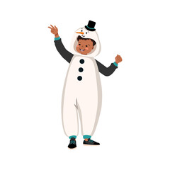 Boy in carnival costume of snowman. Festive clothing for pajama party, theatre, New Years or Christmas. Child dancing with happy face and smile