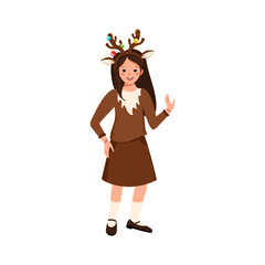 Girl in carnival costume of deer. Festive clothing for party, theatre, New Year, Christmas or halloween. Child dancing with happy face and smile emotions