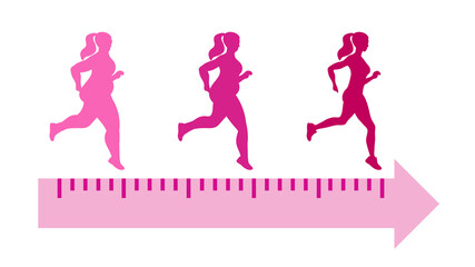Weight loss concept. Pink woman silhouettes of transformation on a measure. Healthy lifestyle 